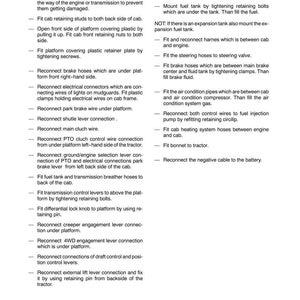 May include: Page from a manual titled "SECTION 90 - CAB - CHAPTER 1" with instructions for tractor cab refitting. The text is black on a white background, detailing steps like reconnecting hoses, wires, and levers. The page number is 24.