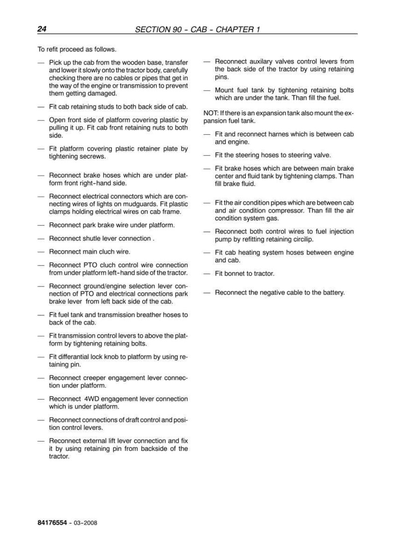 May include: Page from a manual titled "SECTION 90 - CAB - CHAPTER 1" with instructions for tractor cab refitting. The text is black on a white background, detailing steps like reconnecting hoses, wires, and levers. The page number is 24.