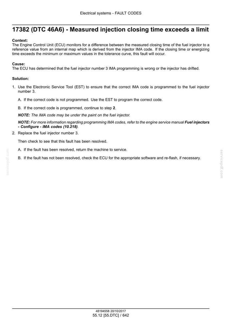 May include: A document titled "Electrical systems - FAULT CODES" with the fault code 17382 (DTC 46A6). The text explains a problem with measured injection closing time exceeding a limit, including context, cause, and solution steps.