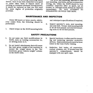 May include: A printed page with the title "ACCIDENTAL UPSET" and safety instructions for ROPS (Rollover Protective Structures). The text details maintenance, inspection, and safety precautions, including bolt torque specifications and component replacement guidelines.