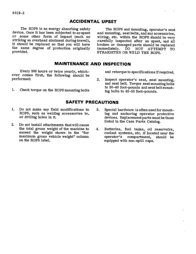 May include: A printed page with the title "ACCIDENTAL UPSET" and safety instructions for ROPS (Rollover Protective Structures). The text details maintenance, inspection, and safety precautions, including bolt torque specifications and component replacement guidelines.