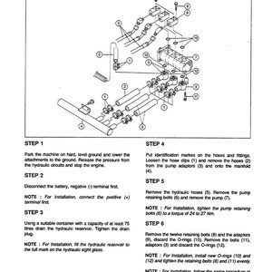 May include: Diagram illustrating hydraulic system removal and installation. The image features a detailed schematic with numbered components, including hoses, bolts, and adaptors. Text provides step-by-step instructions, with notes on tightening and draining the system.