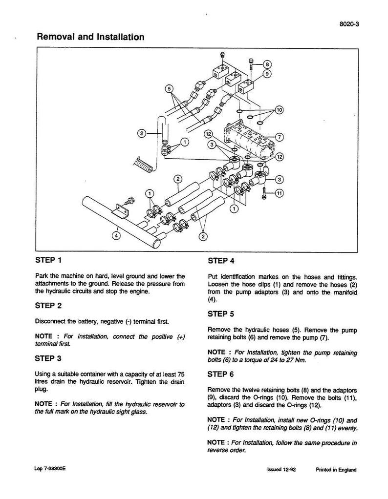 May include: Diagram illustrating hydraulic system removal and installation. The image features a detailed schematic with numbered components, including hoses, bolts, and adaptors. Text provides step-by-step instructions, with notes on tightening and draining the system.