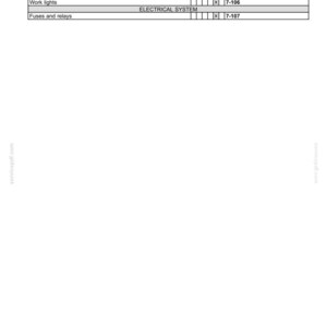 May include: A page from a maintenance manual with the title "7 - MAINTENANCE". The table lists maintenance actions like "Work lights" and "Fuses and relays" under the "ELECTRICAL SYSTEM" with page numbers.