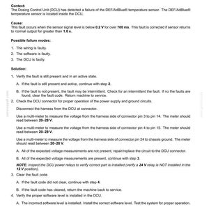 May include: A technical document detailing fault codes for electrical systems. The text describes a short circuit issue with a reagent temperature sensor, including context, causes, and solutions. It provides troubleshooting steps and voltage measurements.