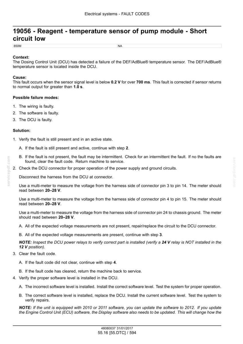 May include: A technical document detailing fault codes for electrical systems. The text describes a short circuit issue with a reagent temperature sensor, including context, causes, and solutions. It provides troubleshooting steps and voltage measurements.