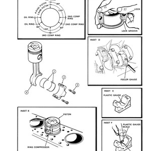 Peut inclure: Sch&eacute;ma technique de composants de moteur, dont un piston, des segments et une bielle. Divers encarts montrent des d&eacute;tails comme le placement des segments, un compresseur de segments et l'utilisation d'une jauge d'&eacute;paisseur. Le sch&eacute;ma est intitul&eacute; "Figure 25".