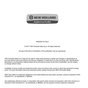 May include: A white document with the "NEW HOLLAND AGRICULTURE" logo in gray. The document includes text about technical publications and tools, copyright information, and trademark details.