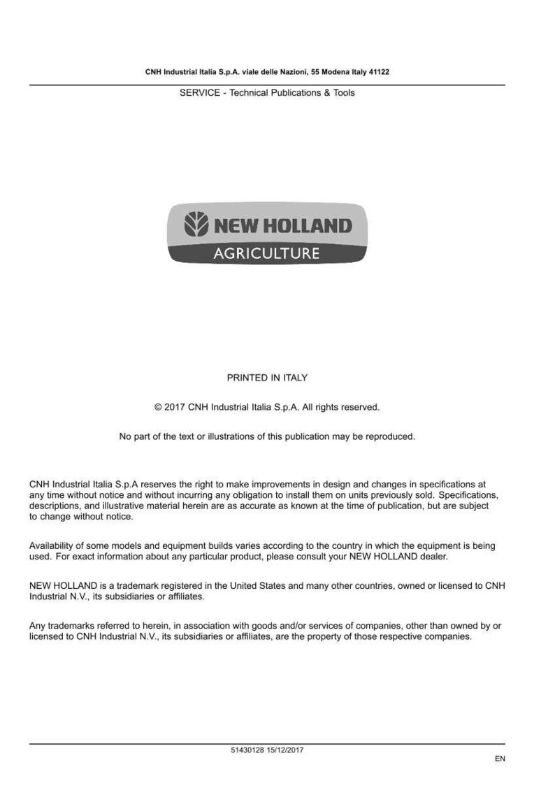 May include: A white document with the "NEW HOLLAND AGRICULTURE" logo in gray. The document includes text about technical publications and tools, copyright information, and trademark details.