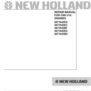 May include: A white background features the gray text "NEW HOLLAND" at the top and bottom. The image includes a repair manual for CNH U.K. engines, with model numbers listed below. The New Holland logo is visible.