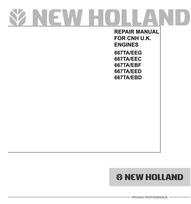 May include: A white background features the gray text "NEW HOLLAND" at the top and bottom. The image includes a repair manual for CNH U.K. engines, with model numbers listed below. The New Holland logo is visible.
