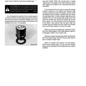 May include: Image of a page with the title "Nonsipill Caps" and instructions. A black and silver nonspill cap is shown. The text warns against operating machinery without these caps and explains their function in preventing electrolyte leakage.