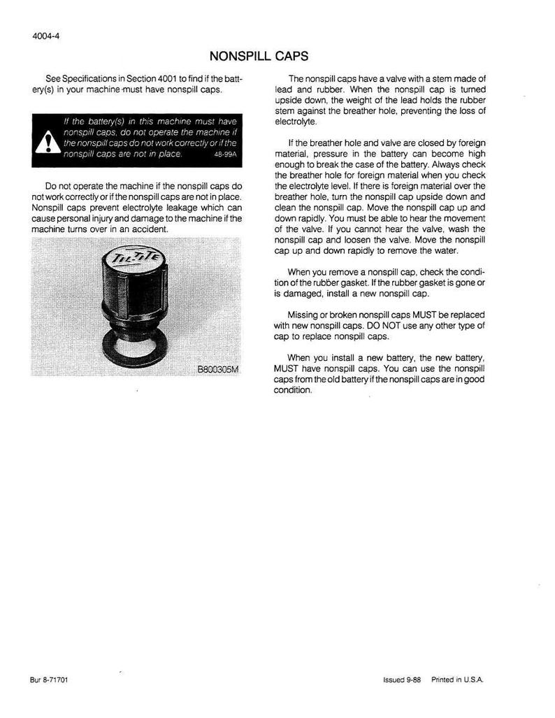 May include: Image of a page with the title "Nonsipill Caps" and instructions. A black and silver nonspill cap is shown. The text warns against operating machinery without these caps and explains their function in preventing electrolyte leakage.