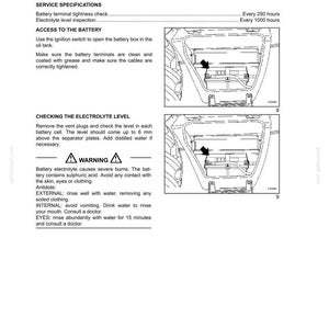 Puede incluir: Una p&aacute;gina de manual que detalla el sistema el&eacute;ctrico de una m&aacute;quina, incluyendo especificaciones de la bater&iacute;a y comprobaciones del nivel de electrolito. Los diagramas muestran el acceso al compartimento de la bater&iacute;a. Se incluye una advertencia sobre quemaduras.
