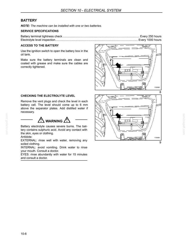 Puede incluir: Una p&aacute;gina de manual que detalla el sistema el&eacute;ctrico de una m&aacute;quina, incluyendo especificaciones de la bater&iacute;a y comprobaciones del nivel de electrolito. Los diagramas muestran el acceso al compartimento de la bater&iacute;a. Se incluye una advertencia sobre quemaduras.