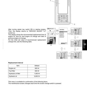 May include: A technical manual page titled 21. MECHATRO CONTROLLER featuring a diagram of a handheld controller with a screen and keypad, alongside text explaining maintenance screen displays, service intervals, and user menu navigation steps.