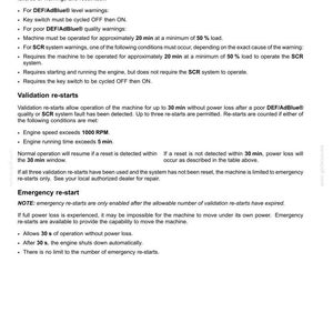 May include: A white document with black text detailing the Selective Catalytic Reduction (SCR) system, including resetting procedures, validation re-starts, and emergency re-starts. The document includes warnings and operational instructions.