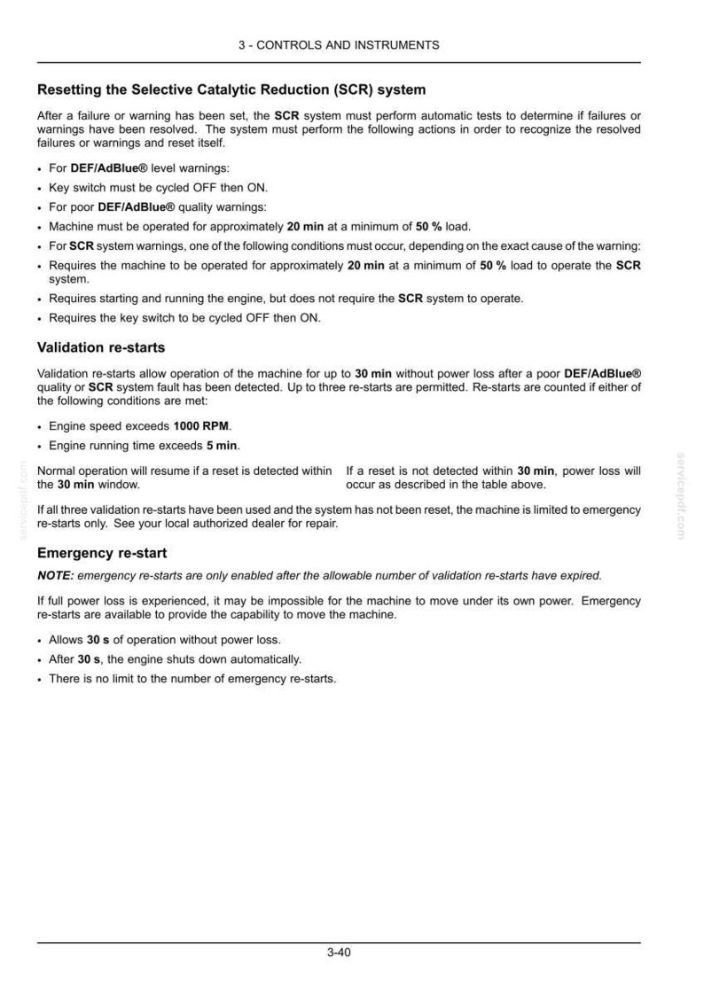May include: A white document with black text detailing the Selective Catalytic Reduction (SCR) system, including resetting procedures, validation re-starts, and emergency re-starts. The document includes warnings and operational instructions.