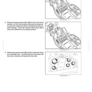May include: A technical manual page titled 6 - WORKING OPERATIONS featuring three black and white line drawings of tractor controls. The diagrams illustrate the hitch position control, express raise and lower buttons, and drop speed control knobs.