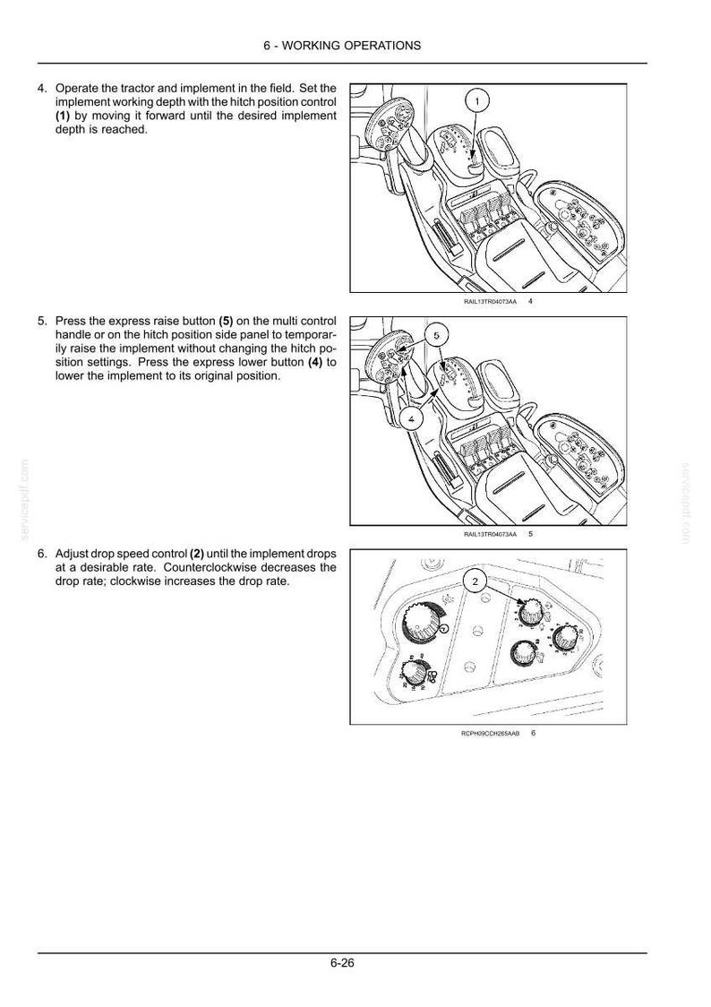 May include: A technical manual page titled 6 - WORKING OPERATIONS featuring three black and white line drawings of tractor controls. The diagrams illustrate the hitch position control, express raise and lower buttons, and drop speed control knobs.