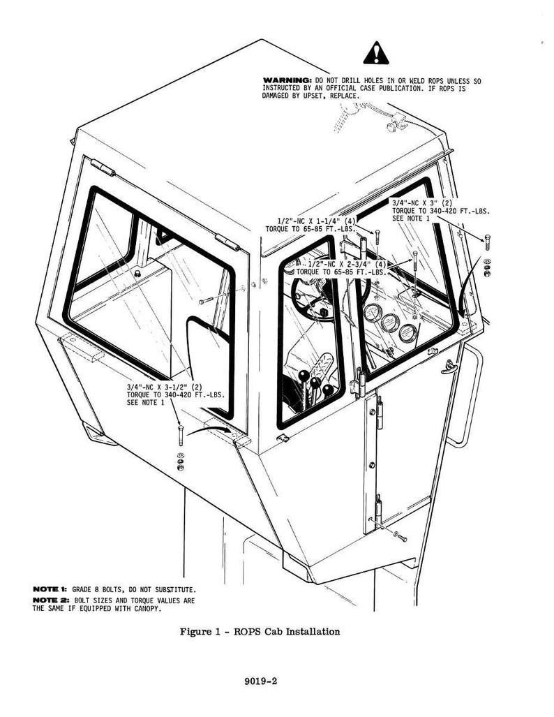 May include: Isometric diagram of a ROPS cab installation, with detailed views of bolt placements and torque specifications. The diagram includes text warnings and notes about bolt grades and torque values. The cab has multiple windows and a steering wheel.