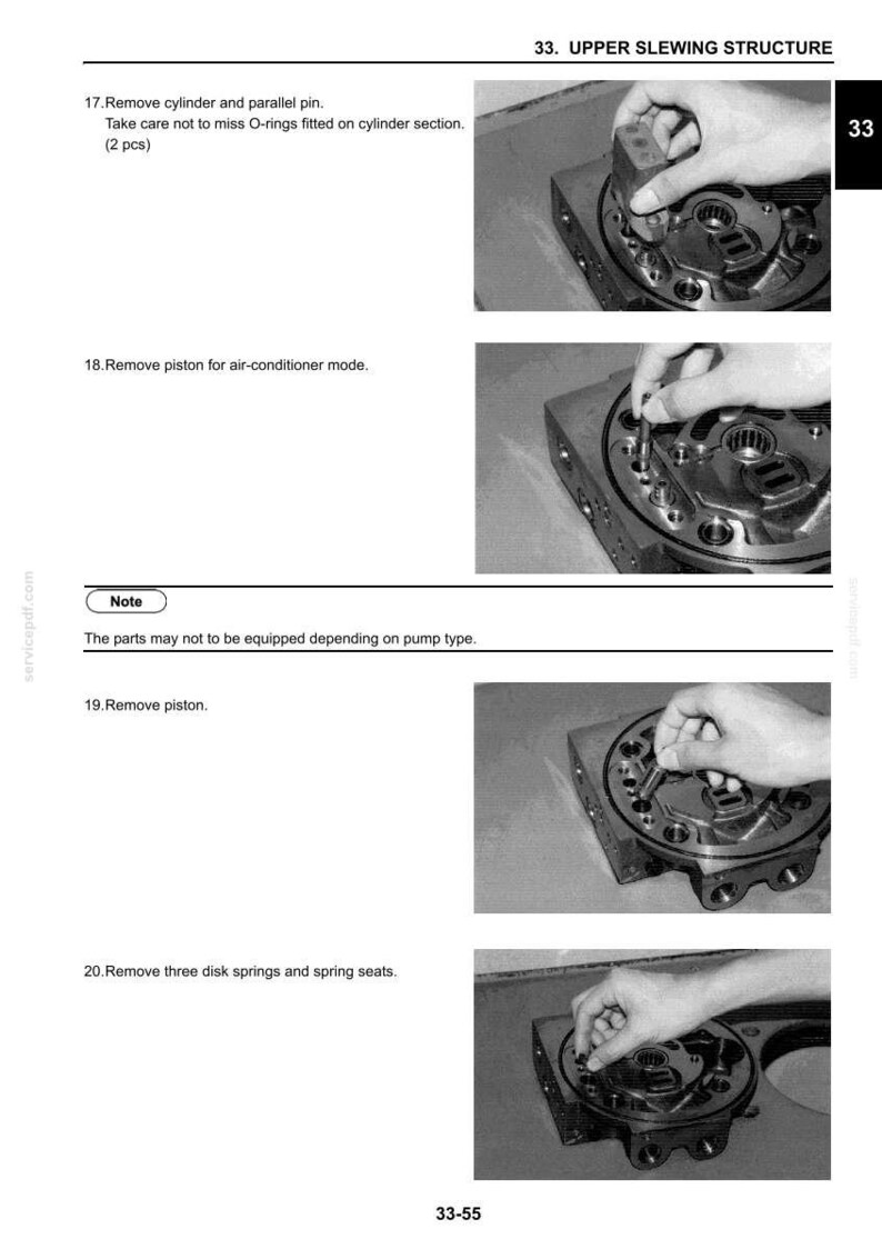May include: A page from a technical manual showing steps for disassembling a mechanical component. The image includes close-up shots of hands working on the component, along with numbered instructions and diagrams. The text includes "UPPER SLEWING STRUCTURE" and "Remove cylinder and parallel pin."