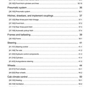 May include: A detailed page from a manual, featuring a table of contents with various sections like "Pneumatic system," "Hitches," and "Steering." The page includes item numbers and descriptions, with a date at the bottom.