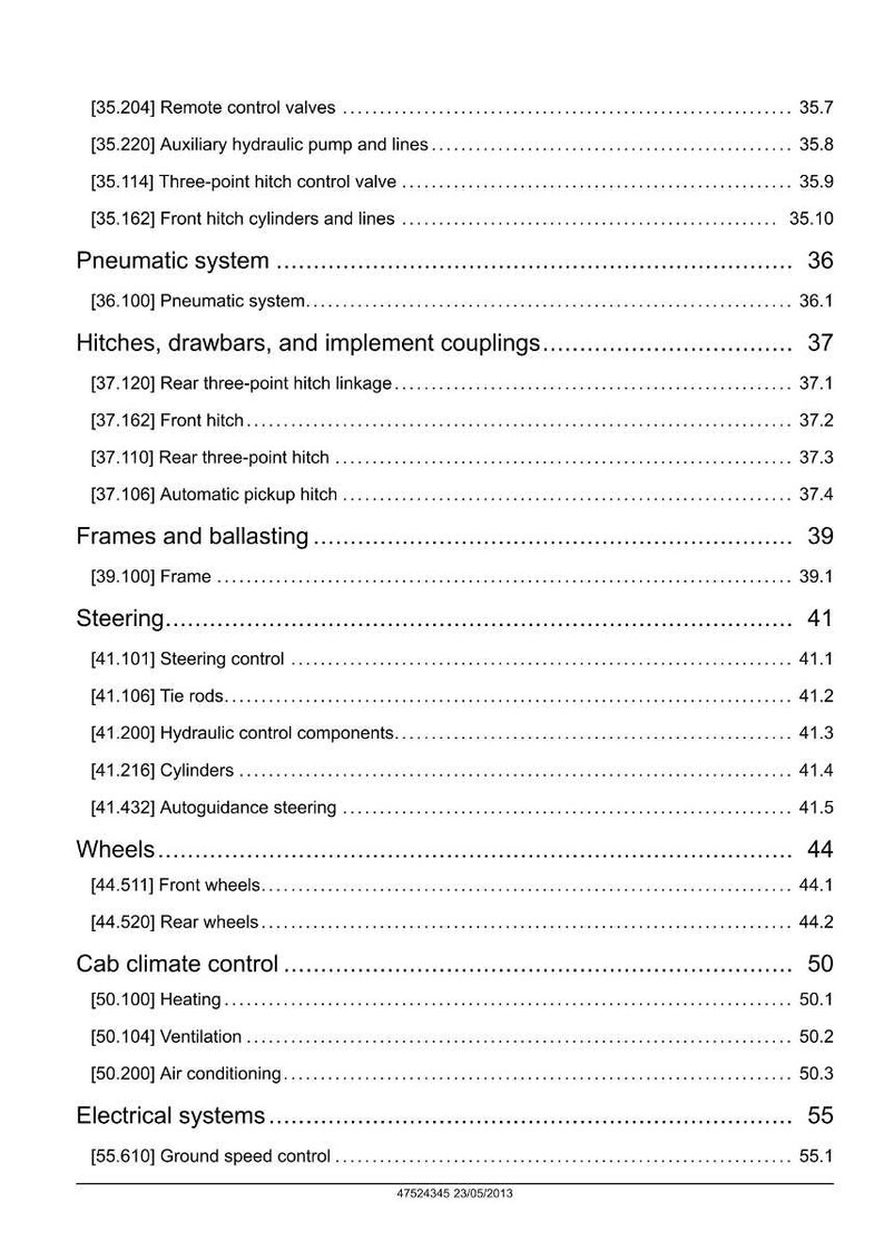 May include: A detailed page from a manual, featuring a table of contents with various sections like "Pneumatic system," "Hitches," and "Steering." The page includes item numbers and descriptions, with a date at the bottom.