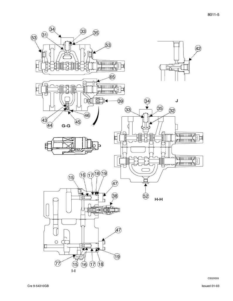 May include: Detailed technical diagram of mechanical components, featuring multiple views and cross-sections. The diagram includes numbered parts and labels, with a focus on internal mechanisms and assembly details. The image is in black and white.