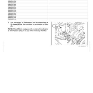 May include: Diagram of an engine oil filter removal process. Text includes instructions for using a 3.7-inch filter wrench. The image also shows an engine component with a labeled diagram.