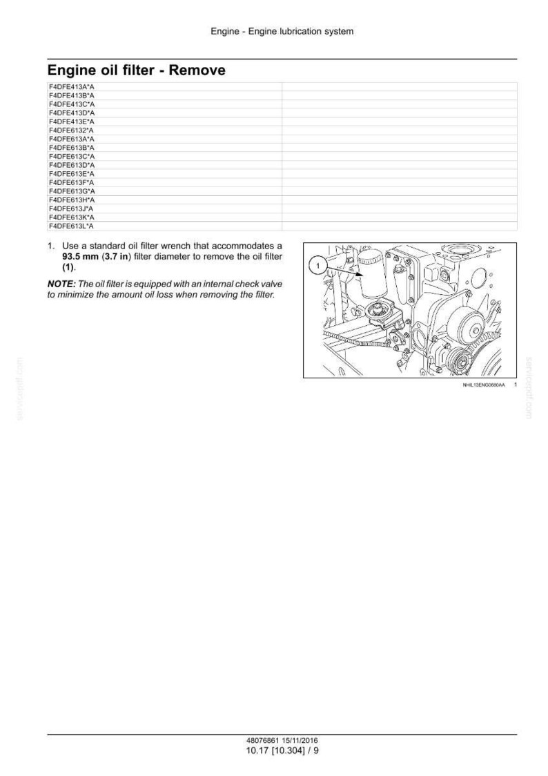 May include: Diagram of an engine oil filter removal process. Text includes instructions for using a 3.7-inch filter wrench. The image also shows an engine component with a labeled diagram.