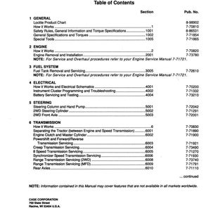 May include: A service manual for CX50, CX60, CX70, CX80, CX90, and CX100 tractors. The table of contents lists sections on engine, fuel system, electrical, steering, and transmission. Published by Case Corporation.