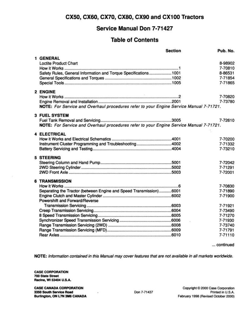 May include: A service manual for CX50, CX60, CX70, CX80, CX90, and CX100 tractors. The table of contents lists sections on engine, fuel system, electrical, steering, and transmission. Published by Case Corporation.