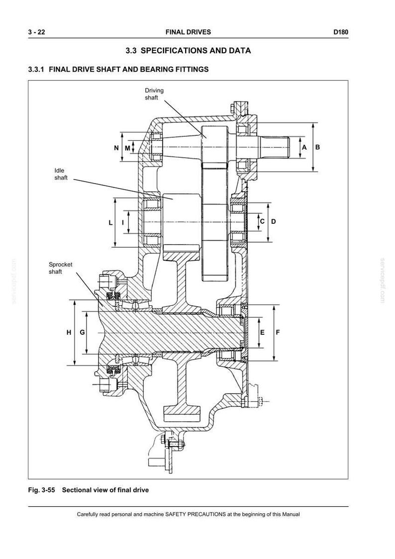 May include: Sectional view diagram of a final drive, labeled with dimensions and parts such as the driving shaft, idle shaft, and sprocket shaft. The diagram includes the text "FINAL DRIVES" and "SPECIFICATIONS AND DATA".