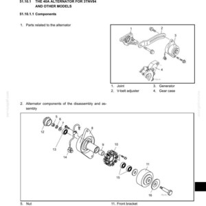 May include: Diagram of an alternator with labeled components. The image shows an exploded view of the alternator, including the stator, pulley, and various brackets and bearings. Text includes "ALTERNATOR" and "THE 40A ALTERNATOR FOR 3TNV84 AND OTHER MODELS."