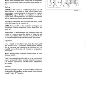 May include: A technical manual page titled 3 - CONTROLS AND INSTRUMENTS detailing air conditioning system operation for a tractor. It includes text instructions and a black and white line drawing of a control panel with numbered knobs and switches.