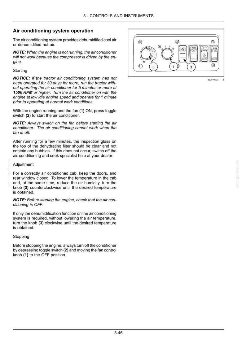 May include: A technical manual page titled 3 - CONTROLS AND INSTRUMENTS detailing air conditioning system operation for a tractor. It includes text instructions and a black and white line drawing of a control panel with numbered knobs and switches.