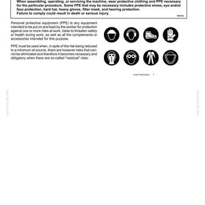 Puede incluir: Un documento de informaci&oacute;n de seguridad titulado Personal Protective Equipment (PPE) con un cuadro de advertencia y ocho iconos circulares. Los iconos representan un casco, orejeras, una bota, un guante, una m&aacute;scara, gafas de seguridad, una bata y una careta.
