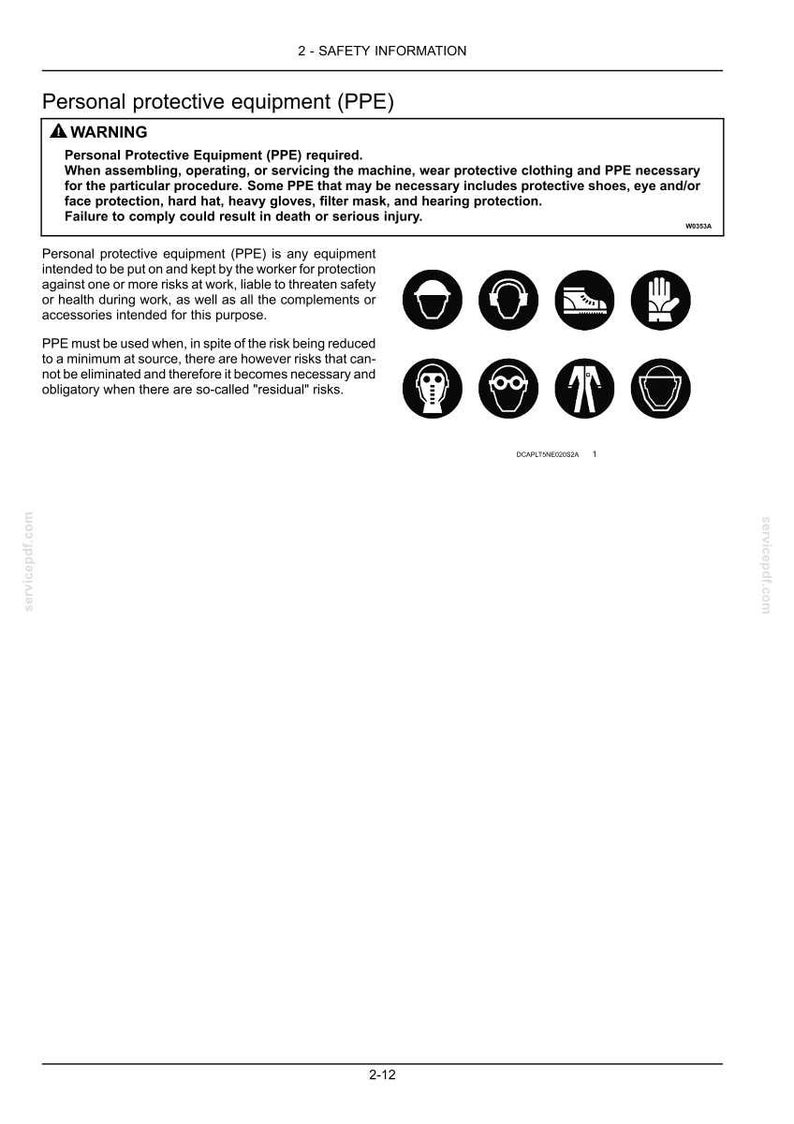 Puede incluir: Un documento de informaci&oacute;n de seguridad titulado Personal Protective Equipment (PPE) con un cuadro de advertencia y ocho iconos circulares. Los iconos representan un casco, orejeras, una bota, un guante, una m&aacute;scara, gafas de seguridad, una bata y una careta.