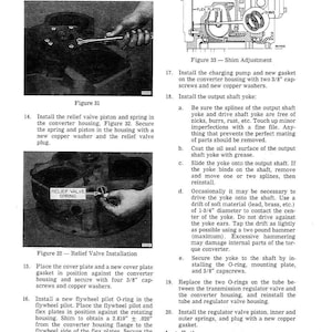 May include: Technical diagram with instructions for automotive repair. Includes figures and text detailing steps for installing and securing parts like the relief valve spring, cover plate, and flywheel pilot. Measurements are in inches.