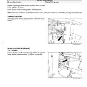 Op de afbeelding: Pagina uit een machine-onderhoudshandleiding met details over smeerspecificaties en -locaties. De pagina bevat tekst en diagrammen die de smeerpunten voor verschillende machineonderdelen illustreren.