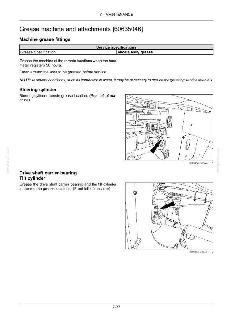 Op de afbeelding: Pagina uit een machine-onderhoudshandleiding met details over smeerspecificaties en -locaties. De pagina bevat tekst en diagrammen die de smeerpunten voor verschillende machineonderdelen illustreren.