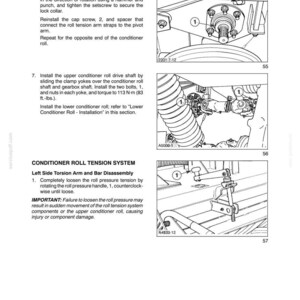 May include: A technical manual page titled SECTION 58 - ATTACHMENTS/HEADERS - CHAPTER 2, featuring black and white line drawings of machinery components. It includes instructions for installing a lock collar, drive shaft, and conditioner roll tension system.