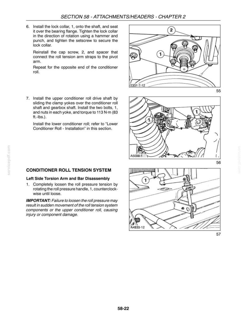 May include: A technical manual page titled SECTION 58 - ATTACHMENTS/HEADERS - CHAPTER 2, featuring black and white line drawings of machinery components. It includes instructions for installing a lock collar, drive shaft, and conditioner roll tension system.