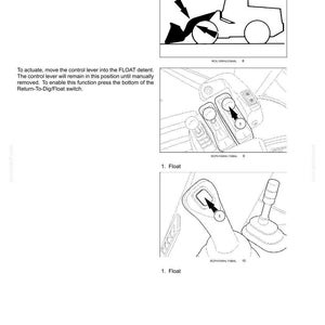 May include: Diagram illustrating operating instructions for a loader bucket's float function. The image shows a loader bucket, control levers, and a switch. Text explains how to activate the float function for use on rough ground.