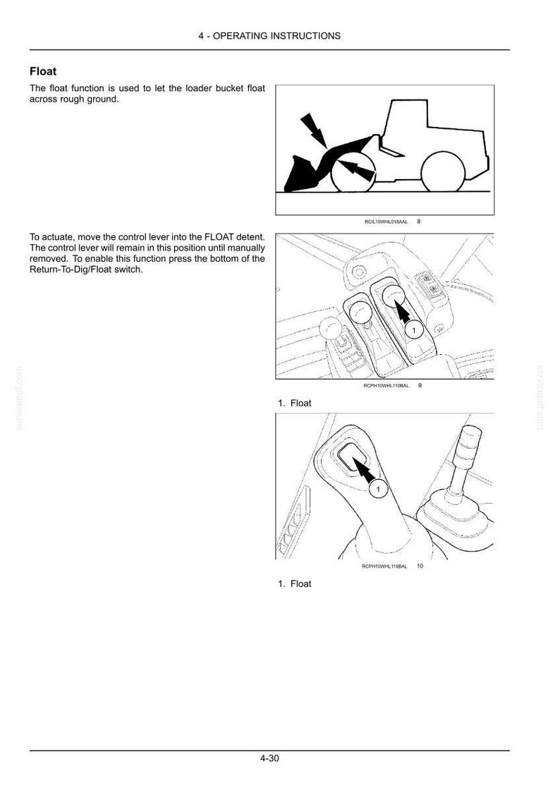 May include: Diagram illustrating operating instructions for a loader bucket's float function. The image shows a loader bucket, control levers, and a switch. Text explains how to activate the float function for use on rough ground.