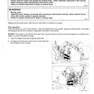 Puede incluir: Una p&aacute;gina de manual t&eacute;cnico titulada 7-MAINTENANCE Drive belt - Replace, que incluye advertencias de seguridad sobre riesgos de enredo y piezas m&oacute;viles, instrucciones para reemplazar la correa cada 1000 horas y dos dibujos t&eacute;cnicos en blanco y negro.