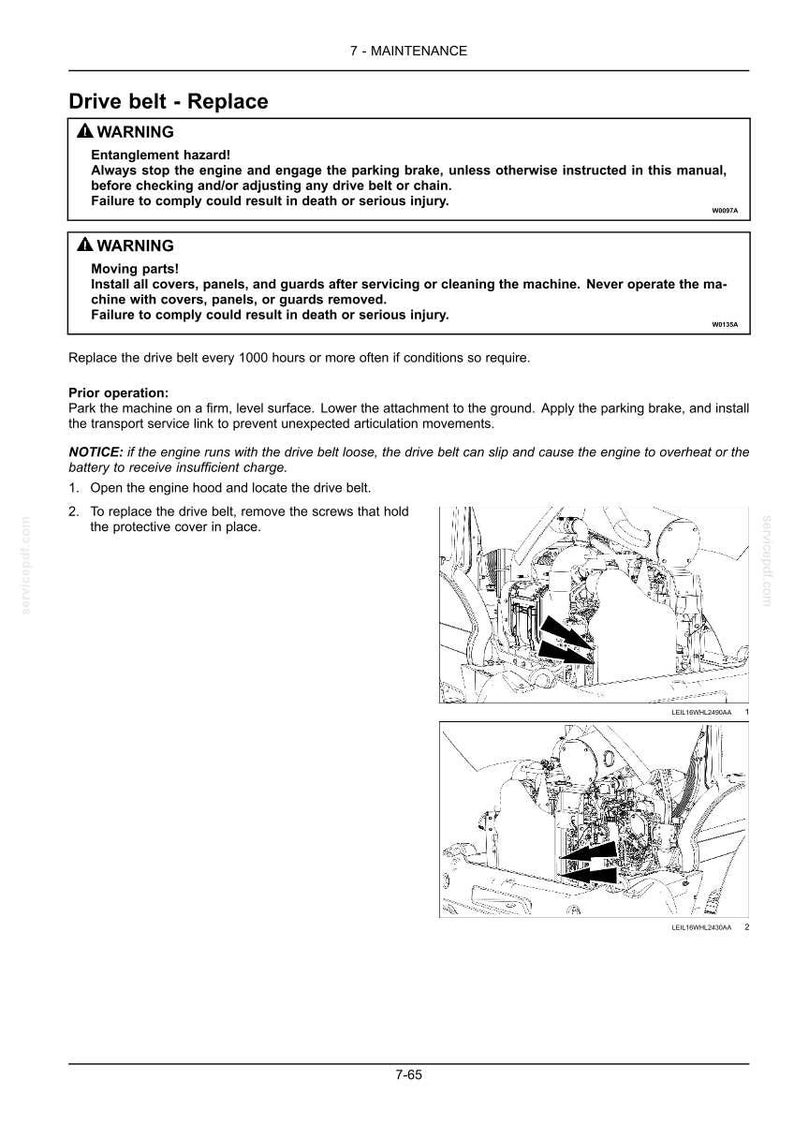 Puede incluir: Una p&aacute;gina de manual t&eacute;cnico titulada 7-MAINTENANCE Drive belt - Replace, que incluye advertencias de seguridad sobre riesgos de enredo y piezas m&oacute;viles, instrucciones para reemplazar la correa cada 1000 horas y dos dibujos t&eacute;cnicos en blanco y negro.