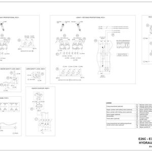 May include: A detailed schematic diagram of an E26C - E30C excavator's hydraulic system. The diagram is in black and white, featuring various components and their connections. Text labels and a legend provide detailed information about the system's functionality.