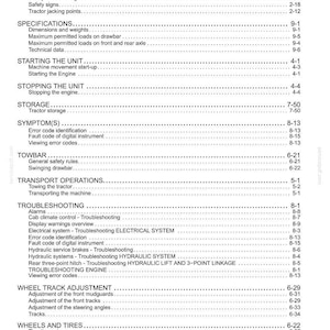 Pode incluir: Uma p&aacute;gina de &iacute;ndice em preto e branco de um manual t&eacute;cnico para trator. O texto lista se&ccedil;&otilde;es que incluem informa&ccedil;&otilde;es de seguran&ccedil;a, especifica&ccedil;&otilde;es, partida e parada da unidade, armazenamento e solu&ccedil;&atilde;o de problemas.